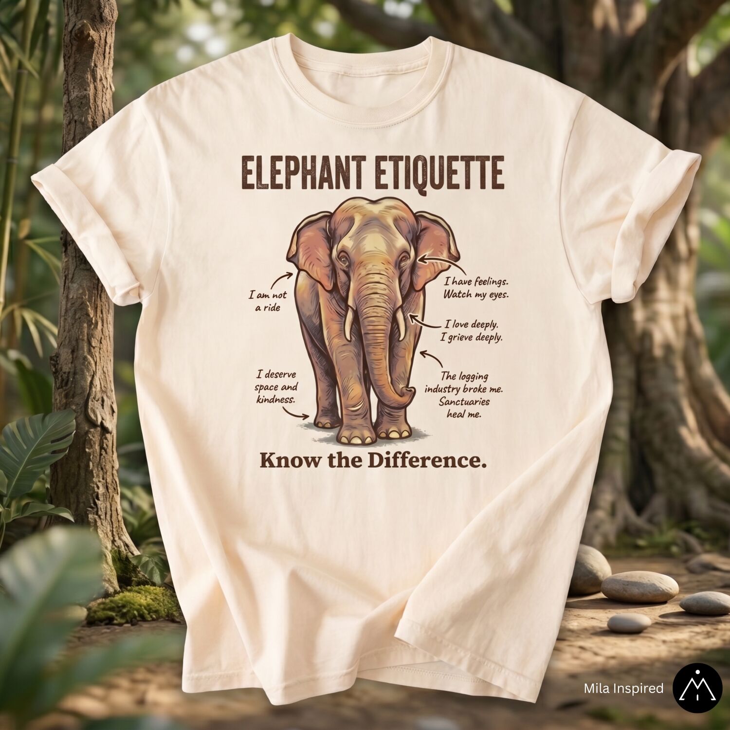 woman wearing Asian elephant t-shirt to advocate for elepahnts and sanctuaries