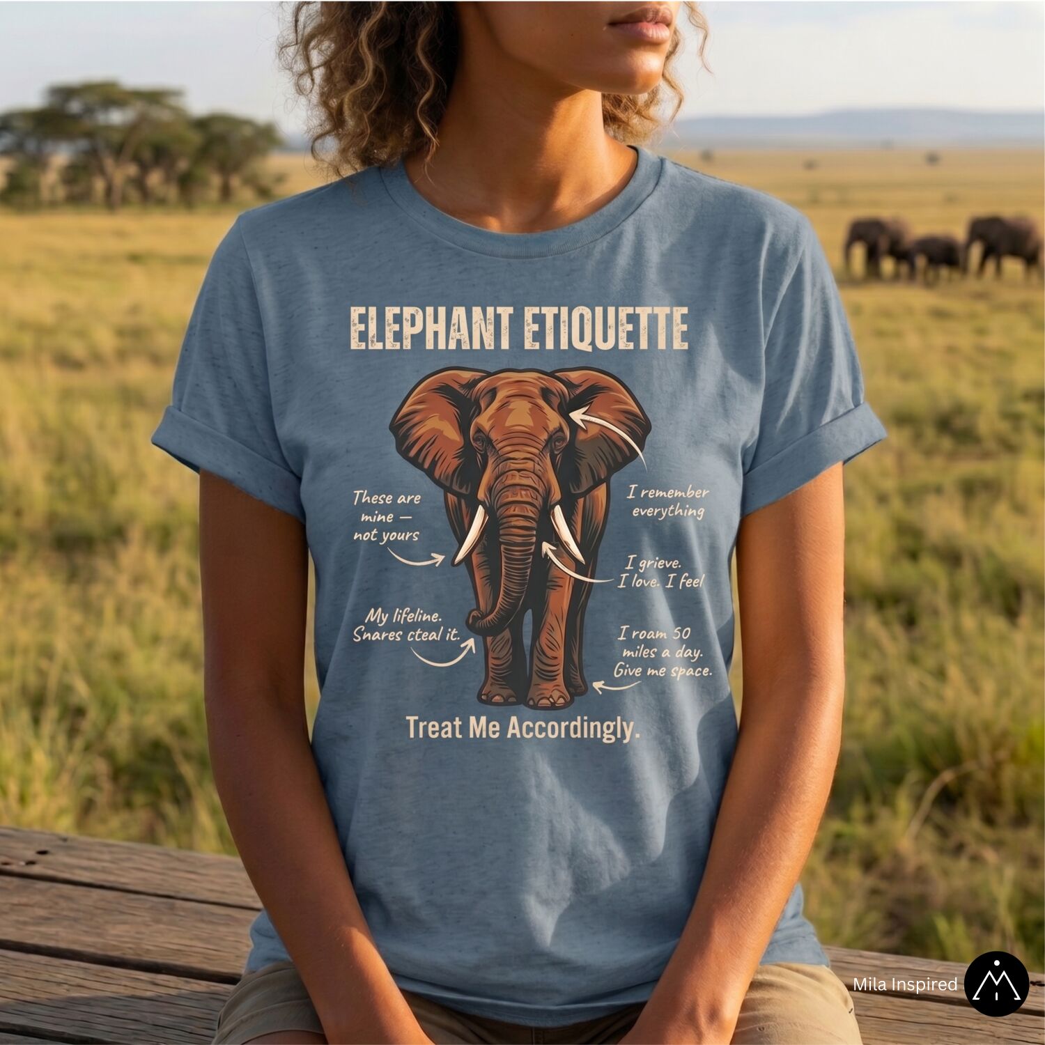Woman wearing an African elephant advocacy shirt